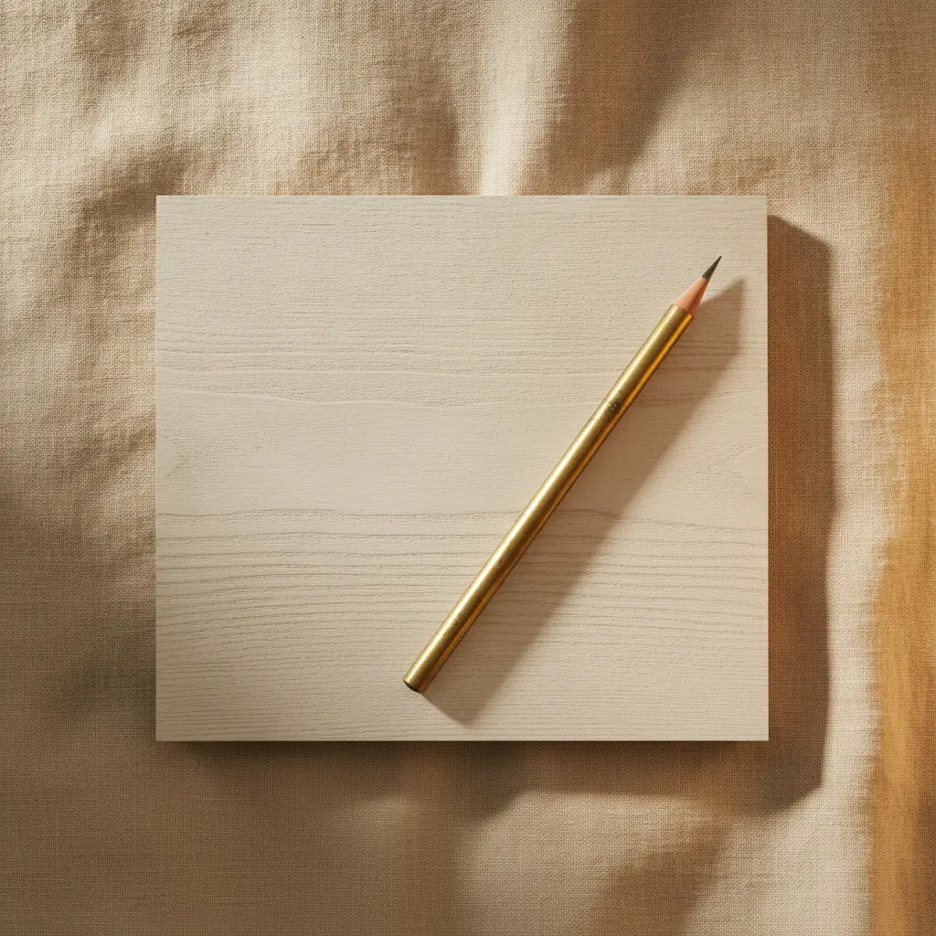 A wide-plank white oak flooring sample with a brass carpenter's pencil, top-down still life