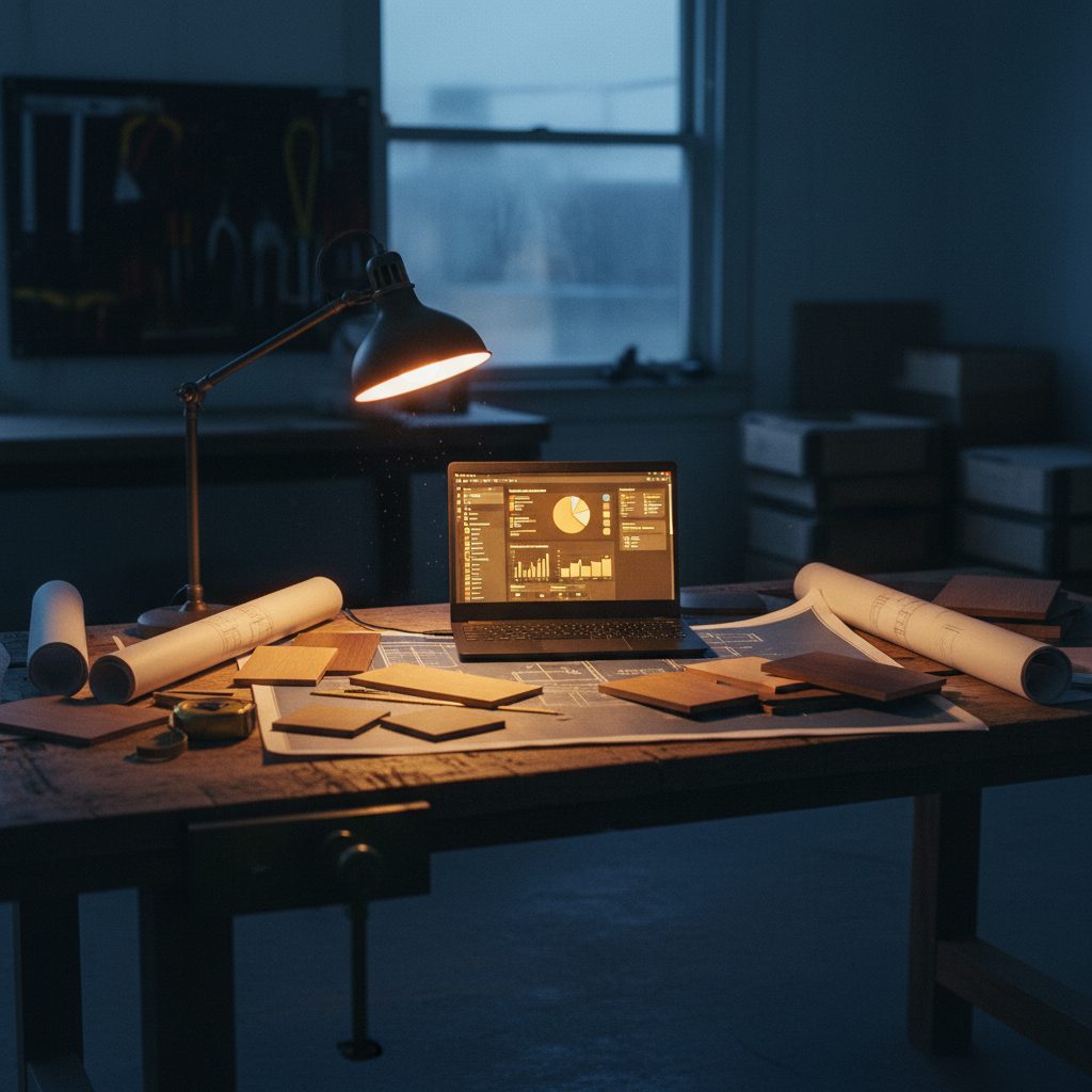 A flooring contractor's blue-hour estimating desk: blueprints, wood samples, and a laptop glowing with an amber dashboard